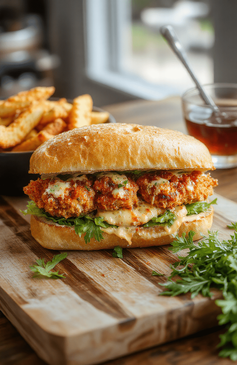 Golden-brown crispy chicken breast sitting on a toasted ciabatta roll with crisp romaine lettuce, shaved Parmesan, creamy Caesar dressing, and cherry tomatoes, served open-face with visible layers and a side of lemon wedge.
