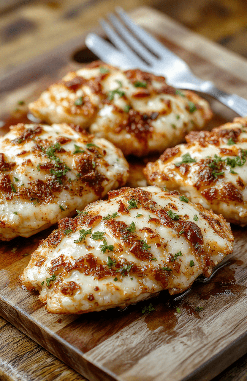 Golden-brown crispy keto chicken pieces topped with melted butter, minced garlic, and freshly grated Parmesan cheese, served on a white ceramic plate with a side of roasted broccoli and cherry tomatoes, garnished with chopped parsley on a wooden cutting board, natural daylight, shallow depth of field.