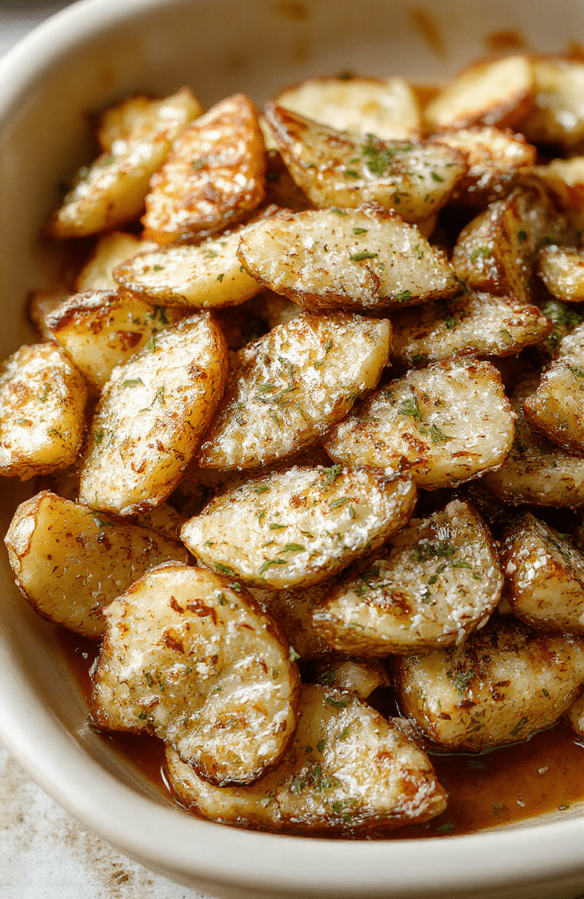 Golden-brown potato wedges with crispy roasted edges, generously sprinkled with freshly grated parmesan cheese and minced garlic, served on a rustic wooden board with a sprinkle of fresh parsley and a drizzle of olive oil.