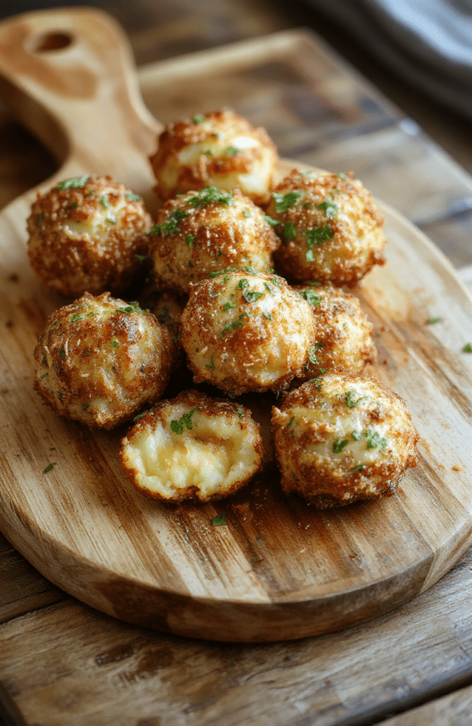 Golden-brown, perfectly crisp garlic potato balls arranged on a rustic wooden board, drizzled with golden olive oil and sprinkled with fresh chopped parsley and minced garlic, served with a side of creamy garlic aioli in a small ceramic bowl.