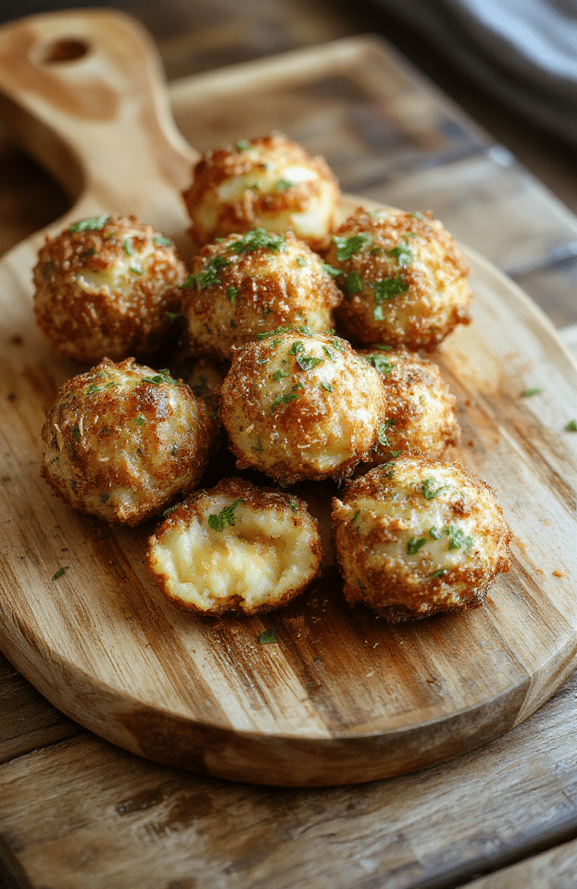 Golden-brown, perfectly crisp garlic potato balls arranged on a rustic wooden board, drizzled with golden olive oil and sprinkled with fresh chopped parsley and minced garlic, served with a side of creamy garlic aioli in a small ceramic bowl.
