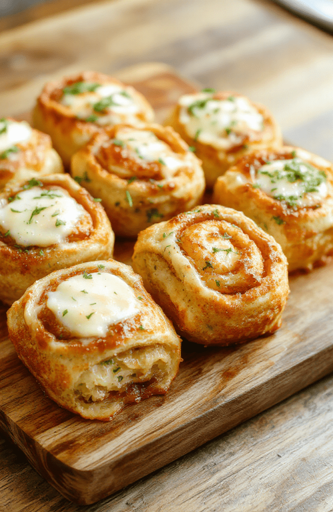 Golden-brown crispy pizza rolls arranged on a rustic wooden board, glistening with garlic butter, sprinkled with fresh parsley and red pepper flakes, served with a small dish of marinara sauce on the side