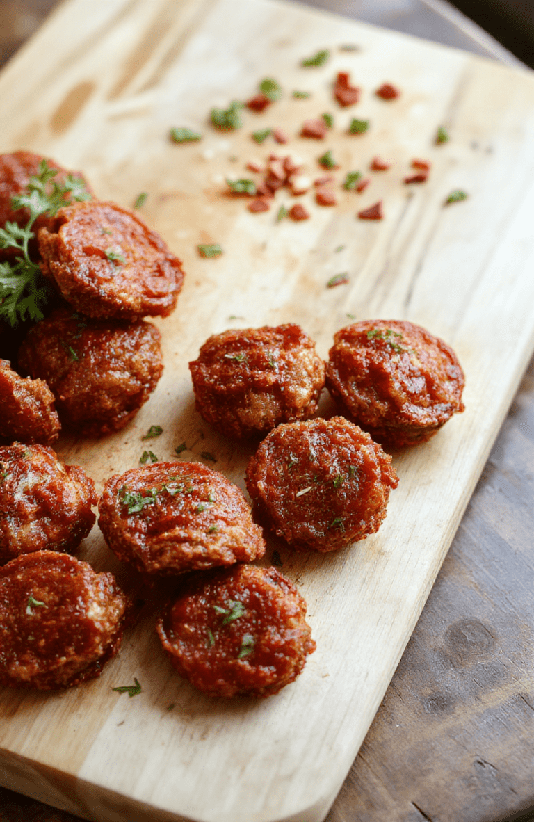 Golden-brown, crispy keto pepperoni bites arranged in a rustic ceramic bowl, with melted mozzarella bubbles and flecks of red pepper flakes, dark green parsley sprinkled on top, sitting on a light oak cutting board with soft natural shadows.