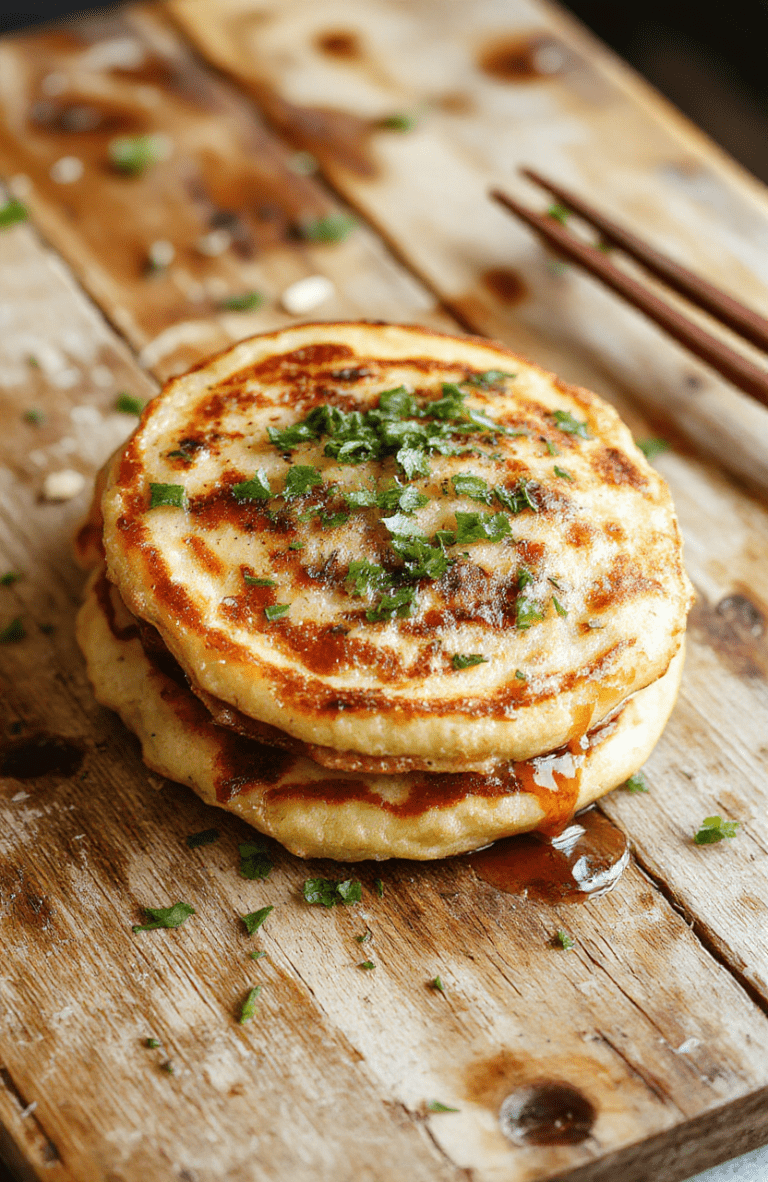 Golden-brown crispy Korean pancakes served on a rustic wooden board, cut in half to reveal layered texture with visible mung bean bits and cabbage, sprinkled with sesame seeds and chopped green onions, drizzled with soy-ginger dipping sauce on the side, natural daylight, shallow depth of field, soft shadows, lower third of image empty.