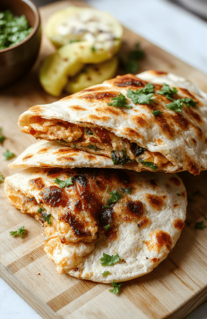Golden-brown crispy grilled quesadilla halved on a wooden board, oozing melty cheese with visible chunks of roasted red peppers, spinach, black olives, and grilled chicken, garnished with fresh parsley and a lemon wedge, rustic backdrop with soft natural lighting