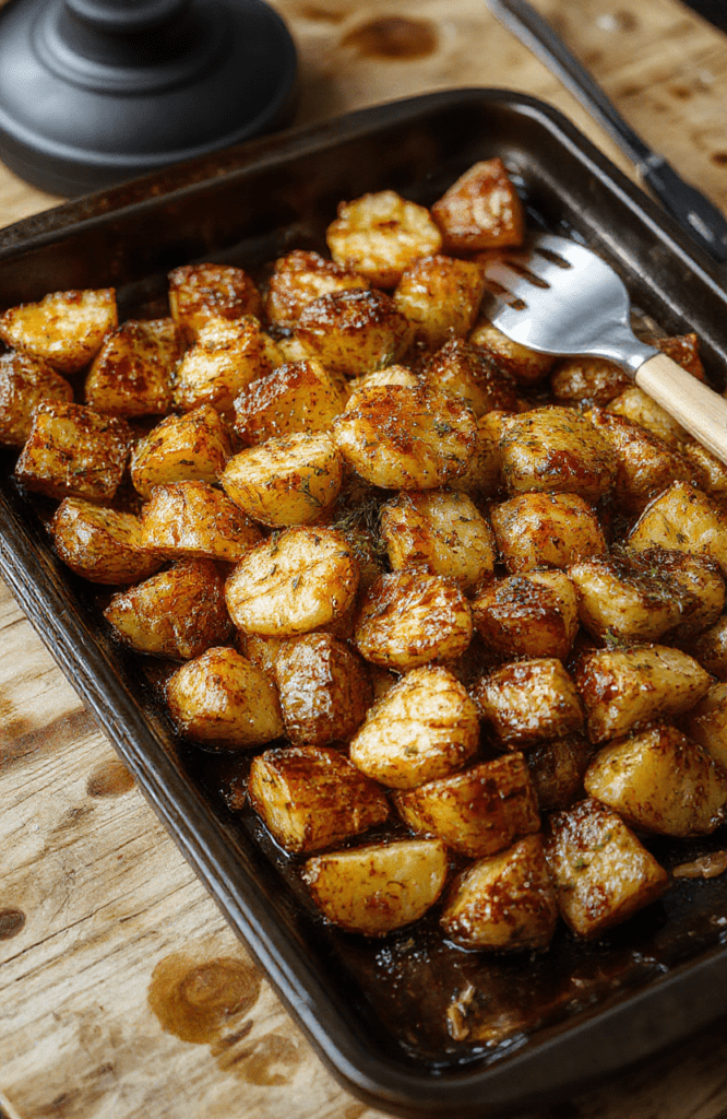 Gold-brown, crispy-edged roasted potatoes on a rustic baking sheet, drizzled with olive oil and fresh rosemary sprigs, with halved garlic cloves and lemon zest scattered nearby, soft shadows, natural daylight, shallow depth of field.