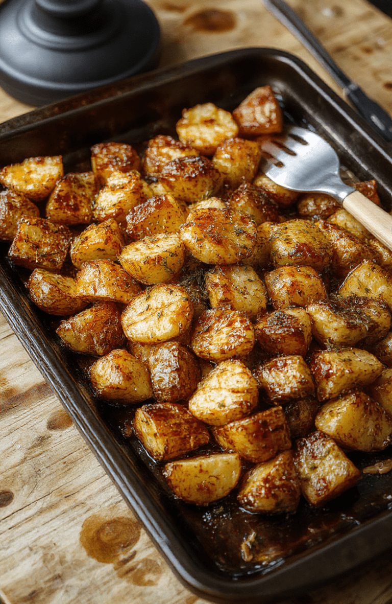 Gold-brown, crispy-edged roasted potatoes on a rustic baking sheet, drizzled with olive oil and fresh rosemary sprigs, with halved garlic cloves and lemon zest scattered nearby, soft shadows, natural daylight, shallow depth of field.