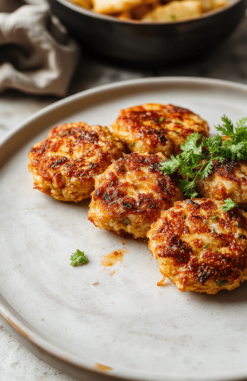 Golden-brown, crispy tuna cakes with visible flaky tuna and spice flecks, resting on a simple white ceramic plate, garnished with microgreens and a lemon wedge, served with a light drizzle of sriracha mayo on the side. Soft natural daylight highlights the crisp exterior and moist interior.