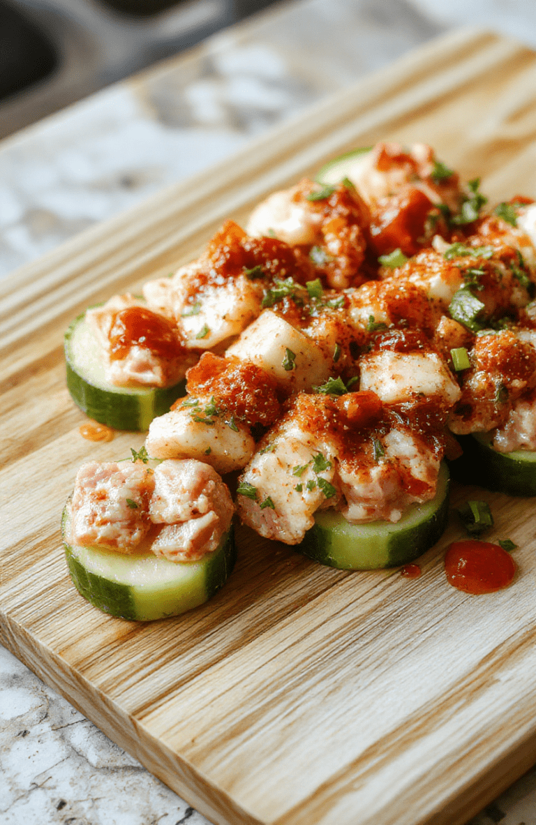 Fresh cucumber halves filled with vibrant tuna salad, garnished with diced red onion, capers, and dill sprigs, served on a rustic wooden board with sprigs of fresh parsley and lemon wedges nearby, bright natural daylight, shallow depth of field, soft shadows.