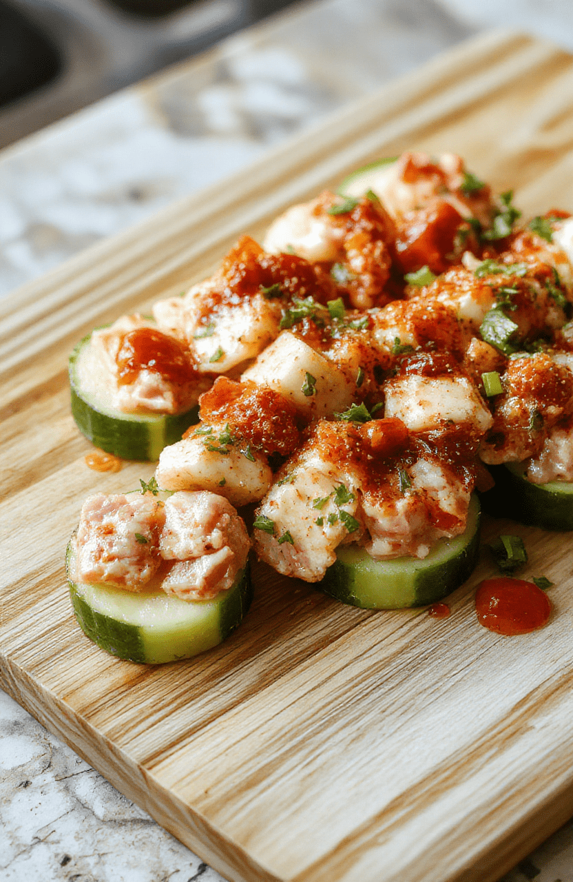 Fresh cucumber halves filled with vibrant tuna salad, garnished with diced red onion, capers, and dill sprigs, served on a rustic wooden board with sprigs of fresh parsley and lemon wedges nearby, bright natural daylight, shallow depth of field, soft shadows.