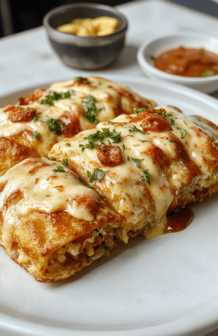 Golden-brown crunchy taquitos filled with seasoned shrimp and crab, topped with melted queso dip, fresh cilantro, and diced tomatoes on a white ceramic plate with a side of lime wedges and sour cream drizzle.