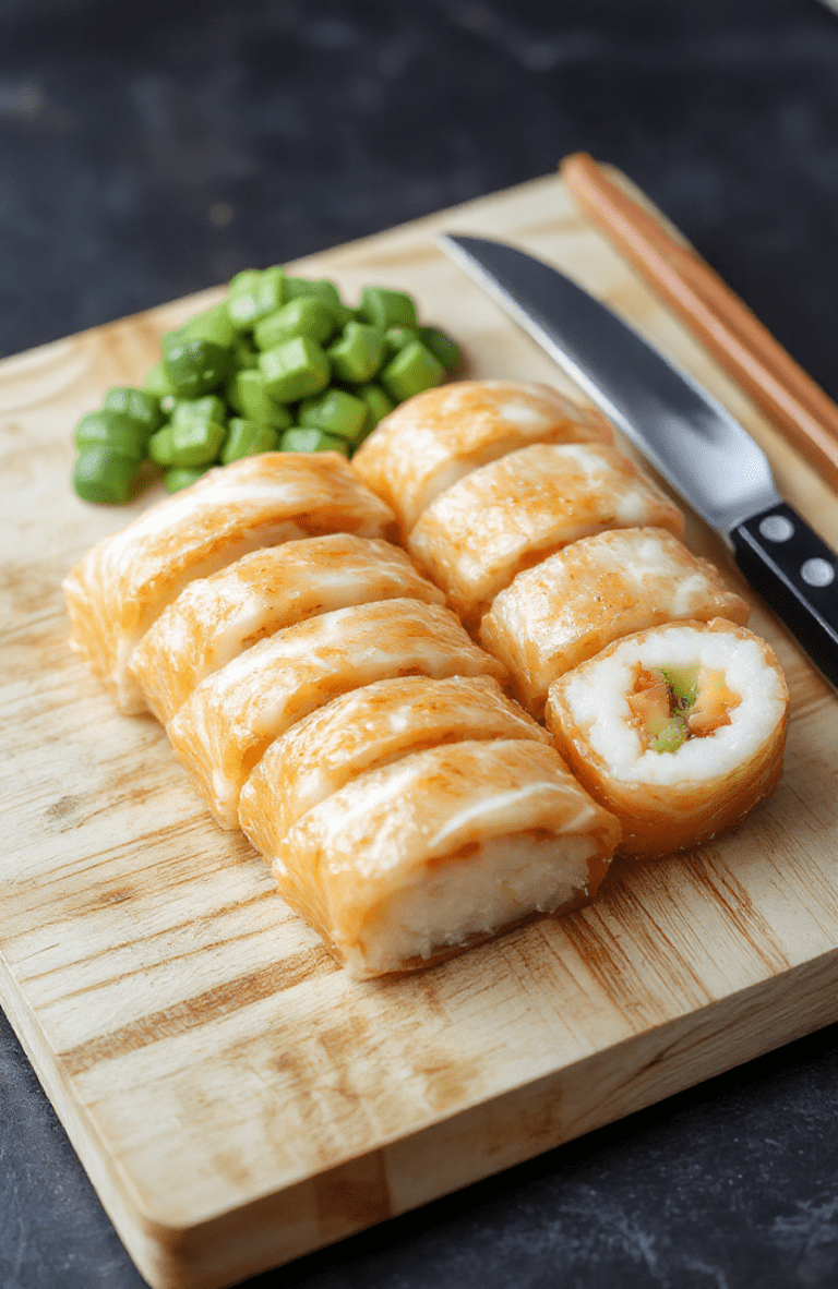 Close-up of a vibrant, colorful homemade maki roll sits on a clean white ceramic plate. The roll features pink salmon, vibrant cucumber, creamy avocado, and golden tamago omelet, tightly wrapped in glossy black nori. A small bowl of wasabi and ginger sits nearby. Soft natural light highlights the fresh textures and rich colors.