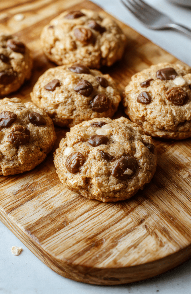 Soft, chewy banana oatmeal cookies on a white ceramic plate, streaked with mashed banana and golden brown oats, drizzled with melted dark chocolate, dusted lightly with cinnamon, placed on a rustic wooden board with natural grain and warm undertones.