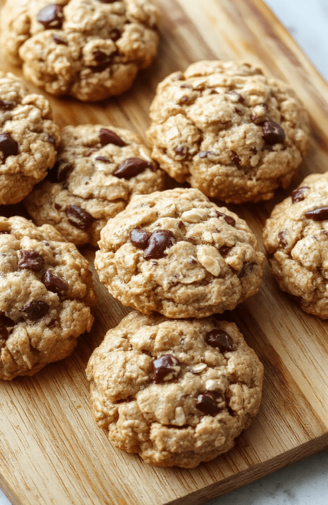 A rustic wooden board holding 6 golden-brown banana oatmeal cookies, slightly cracked on top, studded with visible oats and flaky sea salt; soft steam rises from the fresh batch, with two small whole bananas and a bowl of rolled oats beside them on the board.