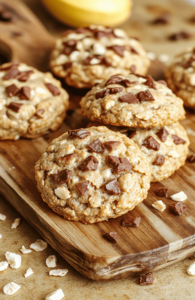 Golden-brown banana oatmeal cookies on a rustic wooden board with sliced bananas and rolled oats nearby, soft edges, natural daylight, subtle cinnamon dusting visible, warm tones, no text overlay