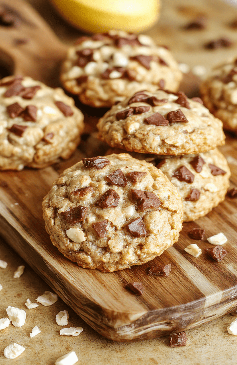 Golden-brown banana oatmeal cookies on a rustic wooden board with sliced bananas and rolled oats nearby, soft edges, natural daylight, subtle cinnamon dusting visible, warm tones, no text overlay