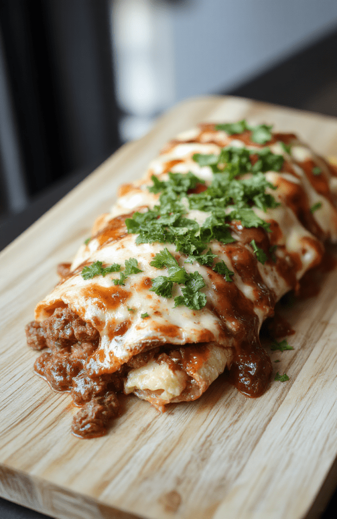 Two golden-brown flour tortillas filled with seasoned ground beef and melted cheese, arranged in a shallow baking dish with vivid red enchilada sauce poured over them, topped with crumbled fried tortilla chips, fresh cilantro, and a dollop of sour cream, served with a side of lime wedges and sliced avocado on a rustic wooden board in natural afternoon light.