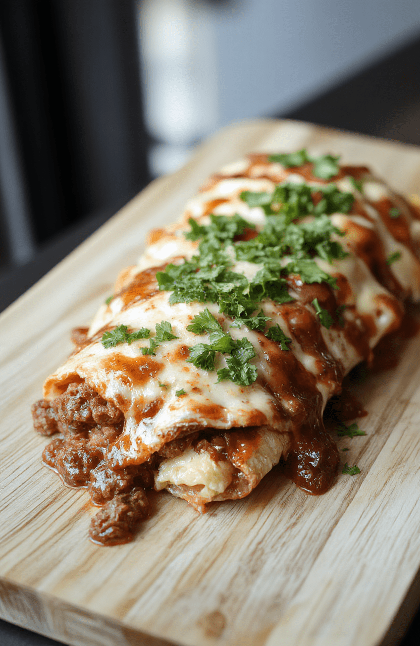 Two golden-brown flour tortillas filled with seasoned ground beef and melted cheese, arranged in a shallow baking dish with vivid red enchilada sauce poured over them, topped with crumbled fried tortilla chips, fresh cilantro, and a dollop of sour cream, served with a side of lime wedges and sliced avocado on a rustic wooden board in natural afternoon light.