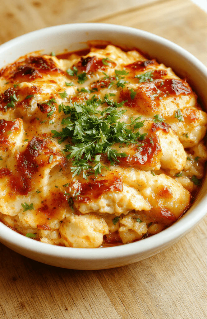 A golden-brown, cheesy chicken cauliflower rice casserole in a ceramic baking dish, topped with melted mozzarella and fresh parsley, served with a side of steamed broccoli and lemon wedges on a rustic wooden board. Warm, comforting plating with natural textures.