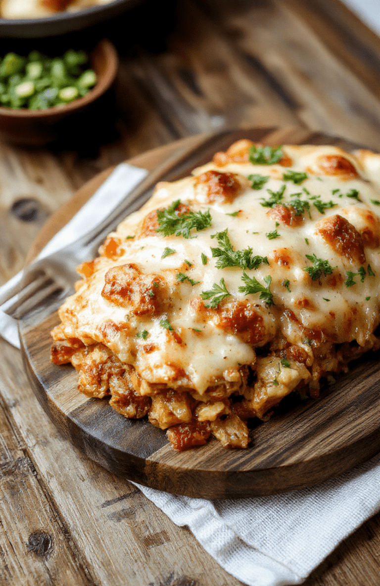 A Rustic-Style Chicken Enchilada Casserole served in a deep ceramic baking dish, topped with melted golden shredded cheese, vibrant red and green salsa drizzle, fresh cilantro leaves, sliced ripe avocado, and a dollop of sour cream. The casserole layers show tender shredded chicken, soft baked tortillas, and melty cheese within, with a side of warm corn tortillas. Natural lighting highlights the rich colors and textures.