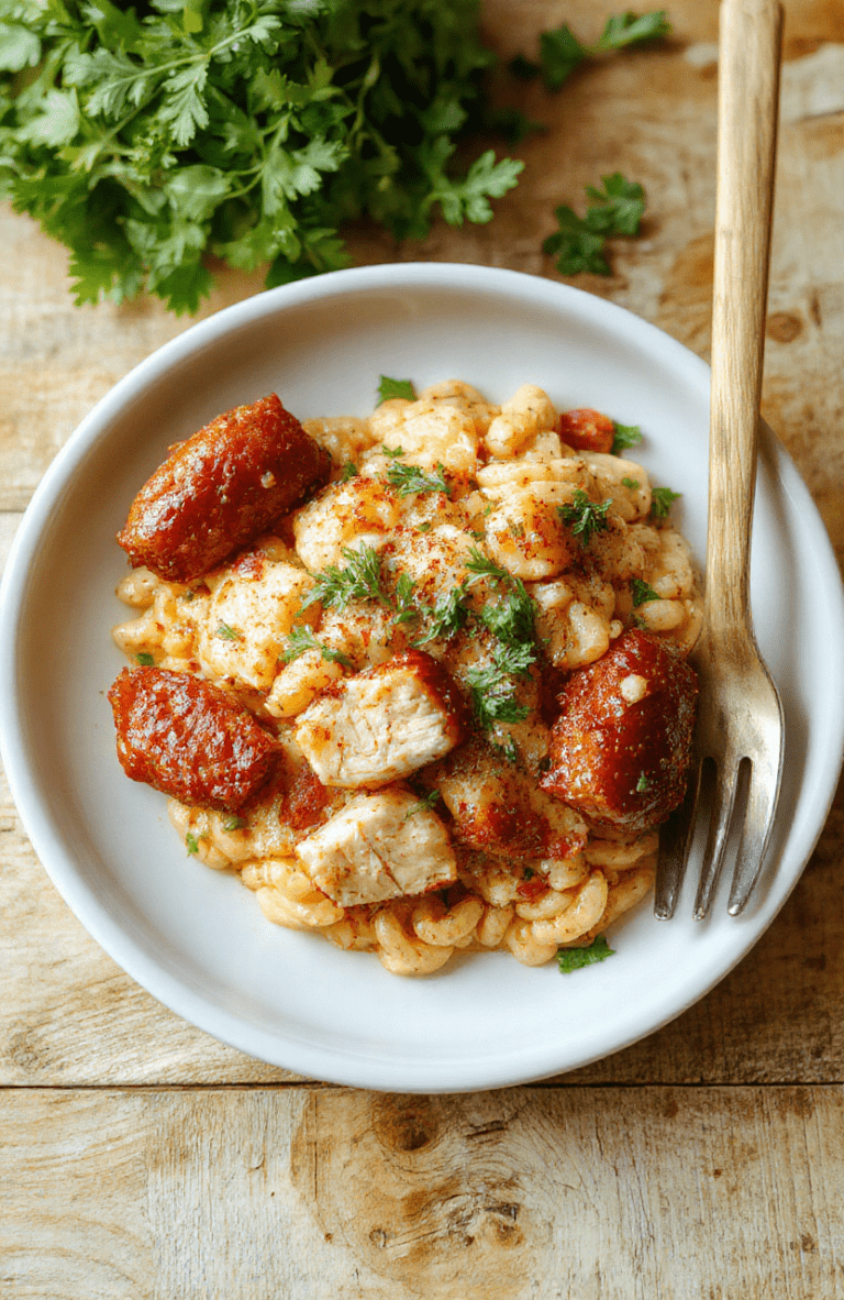 A vibrant one-pan chicken sausage and orzo dish in a rustic ceramic bowl—golden-brown chicken sausage slices, fluffy orzo pasta with hints of garlic and lemon zest, flecks of fresh parsley, and roasted cherry tomatoes bursting with color, served on a light oak wooden surface with soft natural lighting and shallow depth of field.