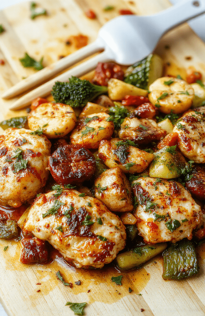 A vibrant one-pan chicken sausage skillet with sliced chicken sausage, bell peppers in red and yellow, cherry tomatoes, zucchini, and red onion, all golden-browned and glistening with olive oil, served in a cast-iron skillet with fresh parsley sprinkled on top, against a rustic wooden table.