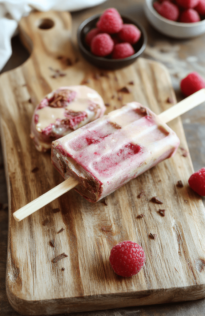 Three vibrant chocolate-dipped raspberry froyo pops on a white ceramic plate, each with a glossy dark chocolate shell and a swirl of bright red raspberry swirl visible through the sheen, served against a clean linen backdrop with scattered fresh raspberries and cocoa nibs for texture and color.