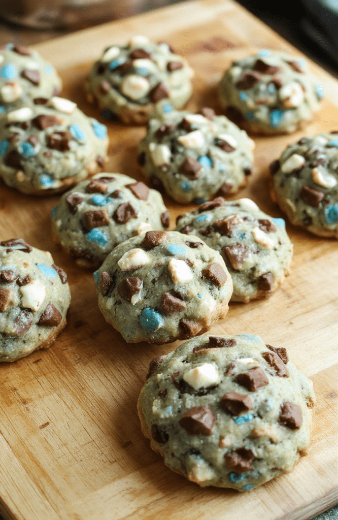 A close-up of soft, chewy Cookie Monster cookies on a clean white ceramic plate, featuring vibrant blue cookie dough studded with colorful candy-coated chocolate chips and mini marshmallows, with visible texture and slightly uneven edges from being freshly baked.