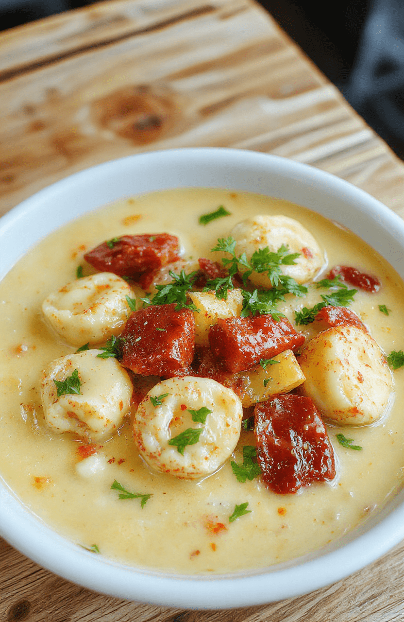A rustic ceramic bowl filled with golden tortellini pasta swirling in a creamy, pale green spinach and cheese-infused broth, topped with fresh parsley, grated Parmesan, and a drizzle of olive oil, served beside a slice of warm garlic bread on a wooden cutting board.