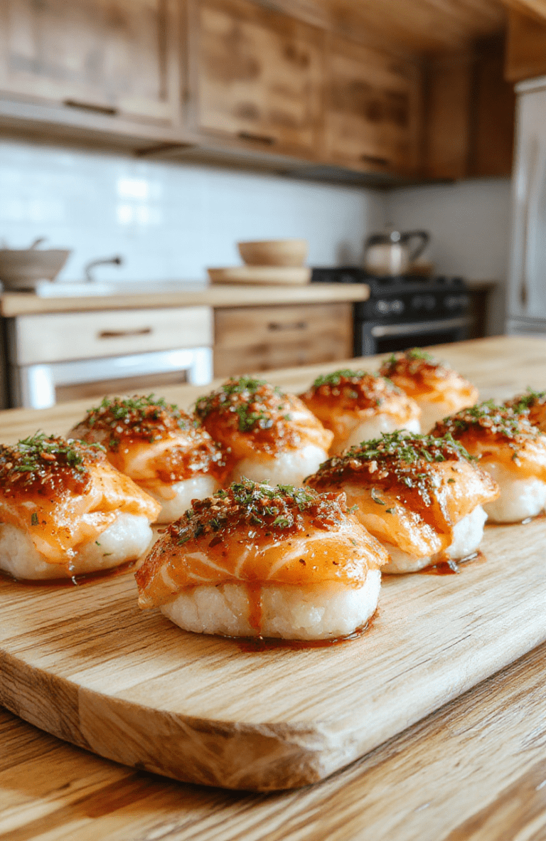 Golden-brown crispy salmon sushi bites arranged on a clean white ceramic plate, each bite garnished with sesame seeds, microgreens, and a drizzle of spicy mayo. Background: light oak wood surface with soft natural shadows.