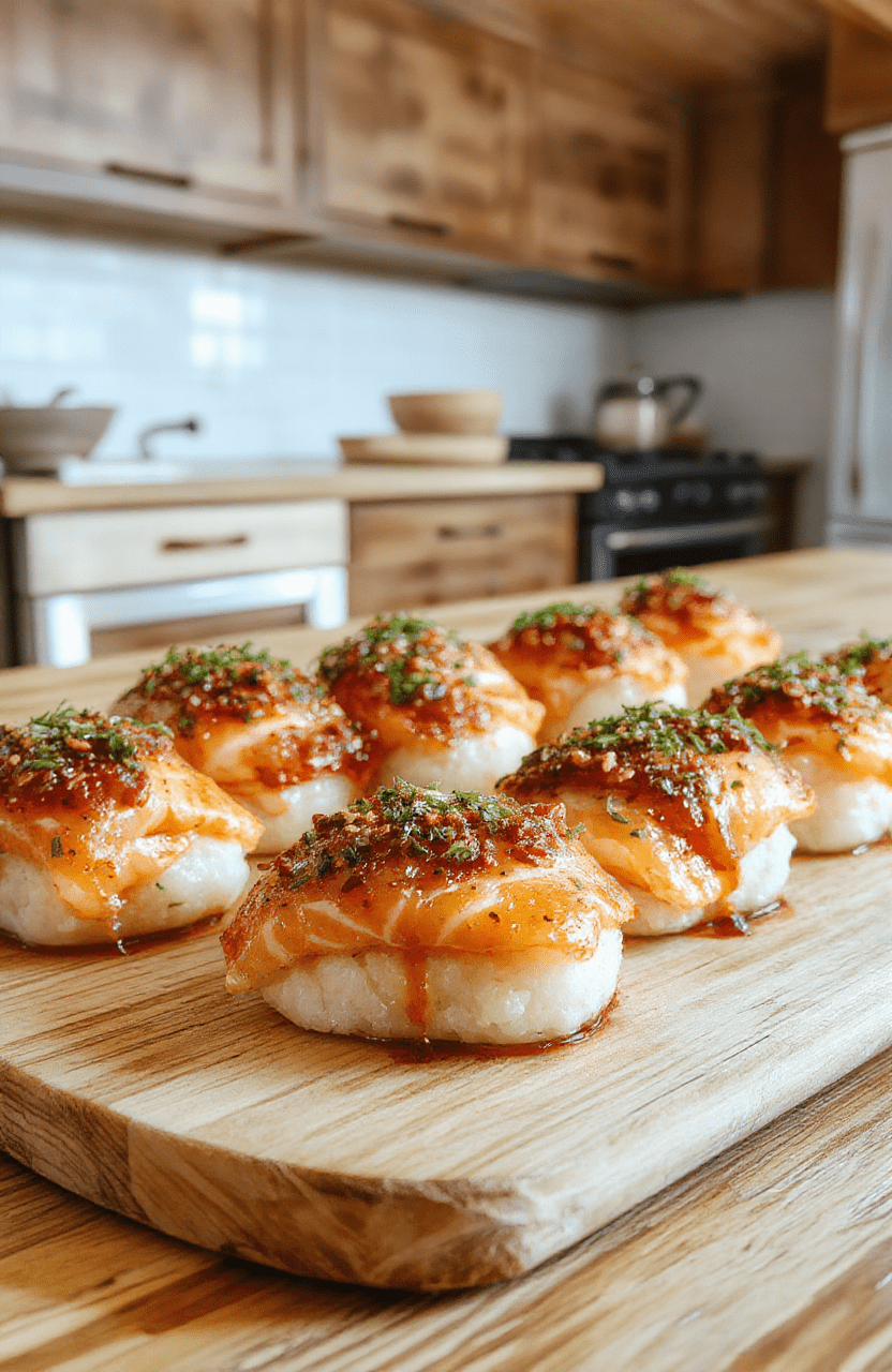Golden-brown crispy salmon sushi bites arranged on a clean white ceramic plate, each bite garnished with sesame seeds, microgreens, and a drizzle of spicy mayo. Background: light oak wood surface with soft natural shadows.
