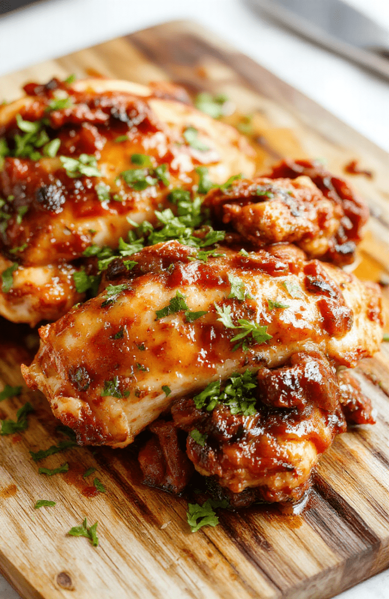 Tender, glistening pulled BBQ chicken piled high on a white ceramic plate, drizzled with smoky-sweet barbecue sauce, garnished with fresh parsley, served with a side of creamy coleslaw and cornbread crumbles, on a rustic wooden table in soft natural light.