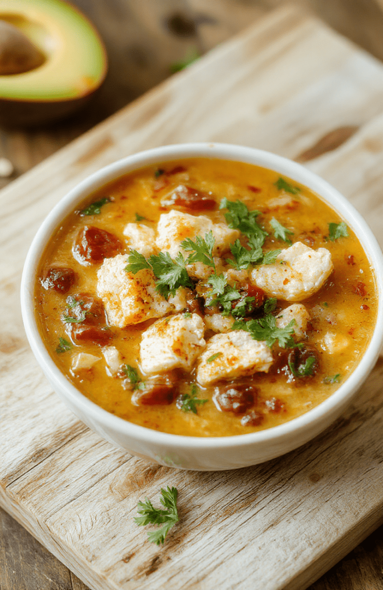 Hearty chicken tortilla soup in a rustic ceramic bowl, topped with crispy tortilla strips, fresh cilantro, diced avocado, shredded cheddar, and a lime wedge on the side, served against a warm wooden table with soft natural light and subtle steam rising.