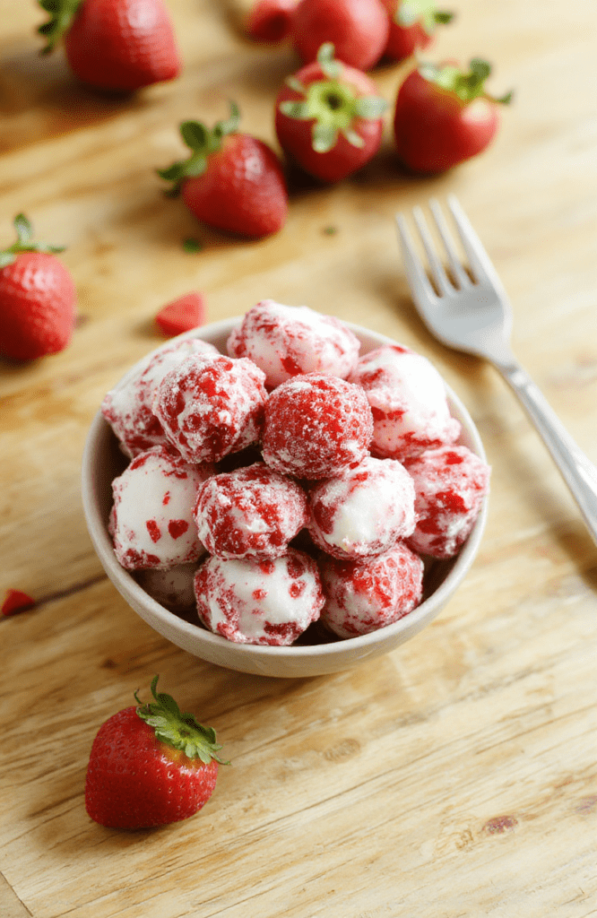 Vibrant pink and red frozeen strawberry yogurt clusters scattered on a white ceramic bowl, glistening with natural light, surrounded by fresh whole strawberries and a dusting of granola, on a light wood surface, soft shadows, casual amateur food photography style