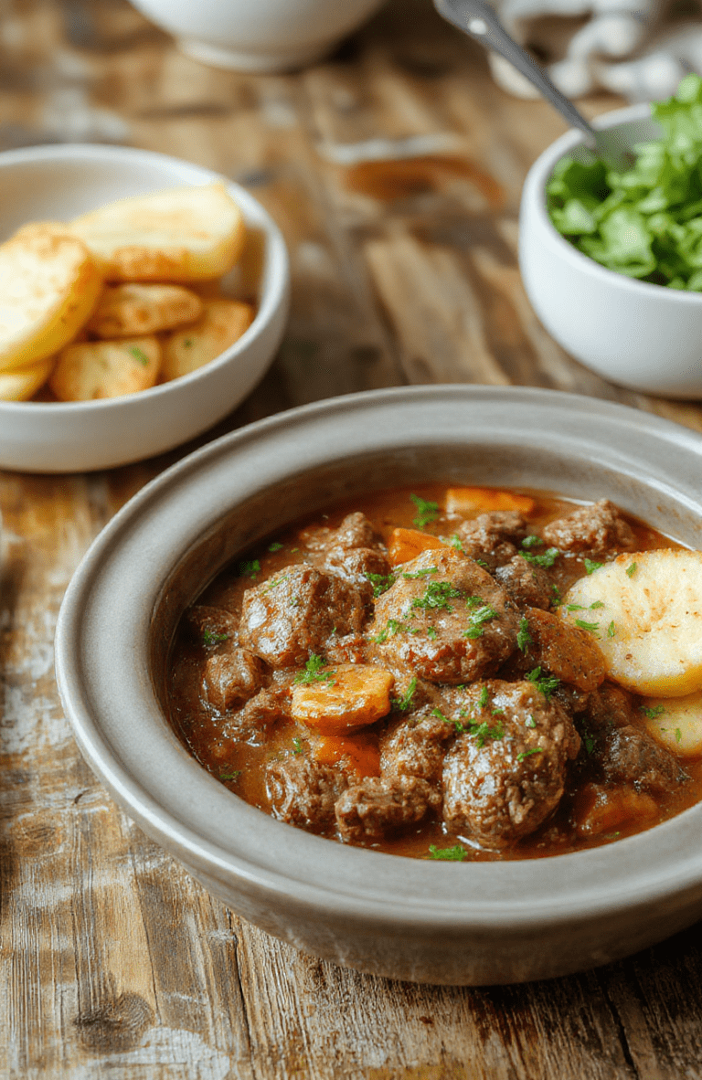 A steaming bowl of tender, savory ground beef casserole with onions, tomatoes, and beans in a rustic ceramic crock pot, garnished with fresh parsley and a side of crusty bread, on a wooden table with soft natural lighting and warm tones.