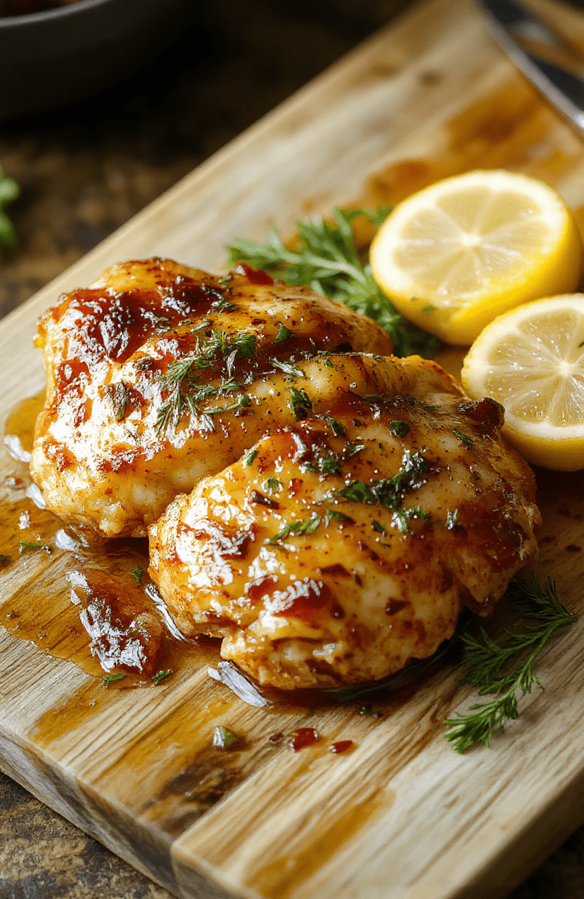 Golden-brown seared chicken thighs with glossy honey lemon garlic glaze, garnished with fresh parsley and lemon slices, resting on a rustic wooden cutting board with garlic cloves and drizzled sauce pooling nearby.