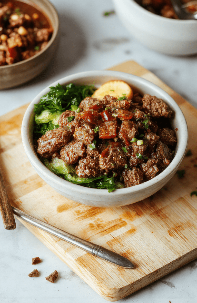 A vibrant Korean ground beef bowl served in a white ceramic bowl over fluffy white rice, topped with sliced green onions, sesame seeds, and a side of quick-pickled vegetables; the beef is glossy with a sweet-spicy glaze and glistening with a slight char, steam rising gently; natural light illuminates the colorful toppings.