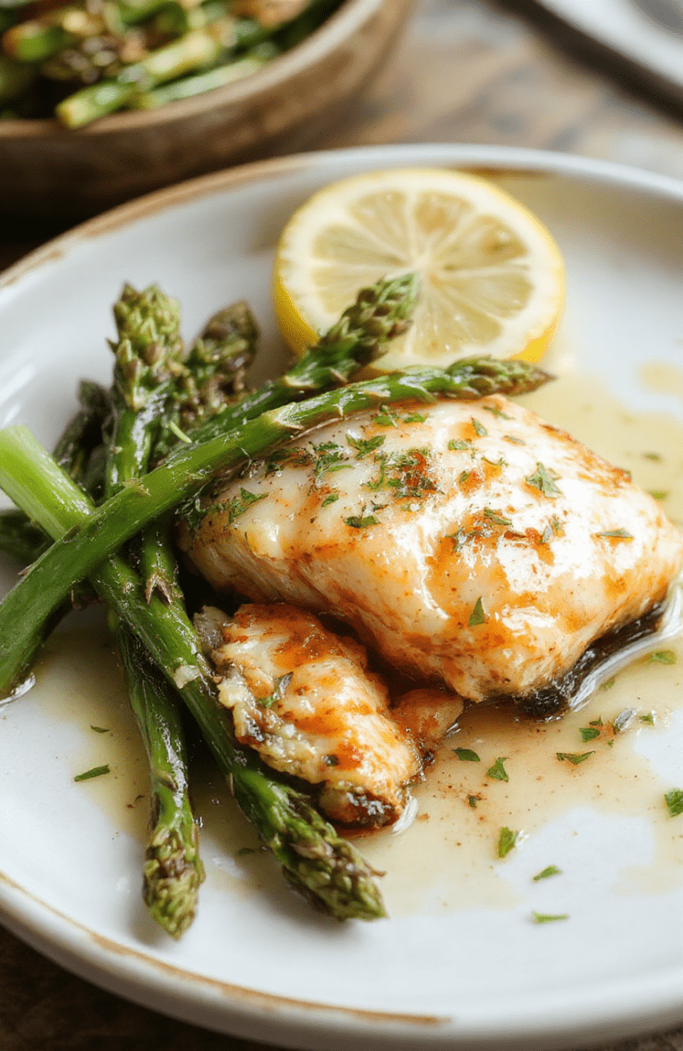 Seared salmon fillet with golden crust, resting on a bed of vivid green asparagus spears, drizzled with glossy lemon butter sauce and sprinkled with fresh dill and lemon zest, on a rustic white ceramic plate with soft shadows and natural light.