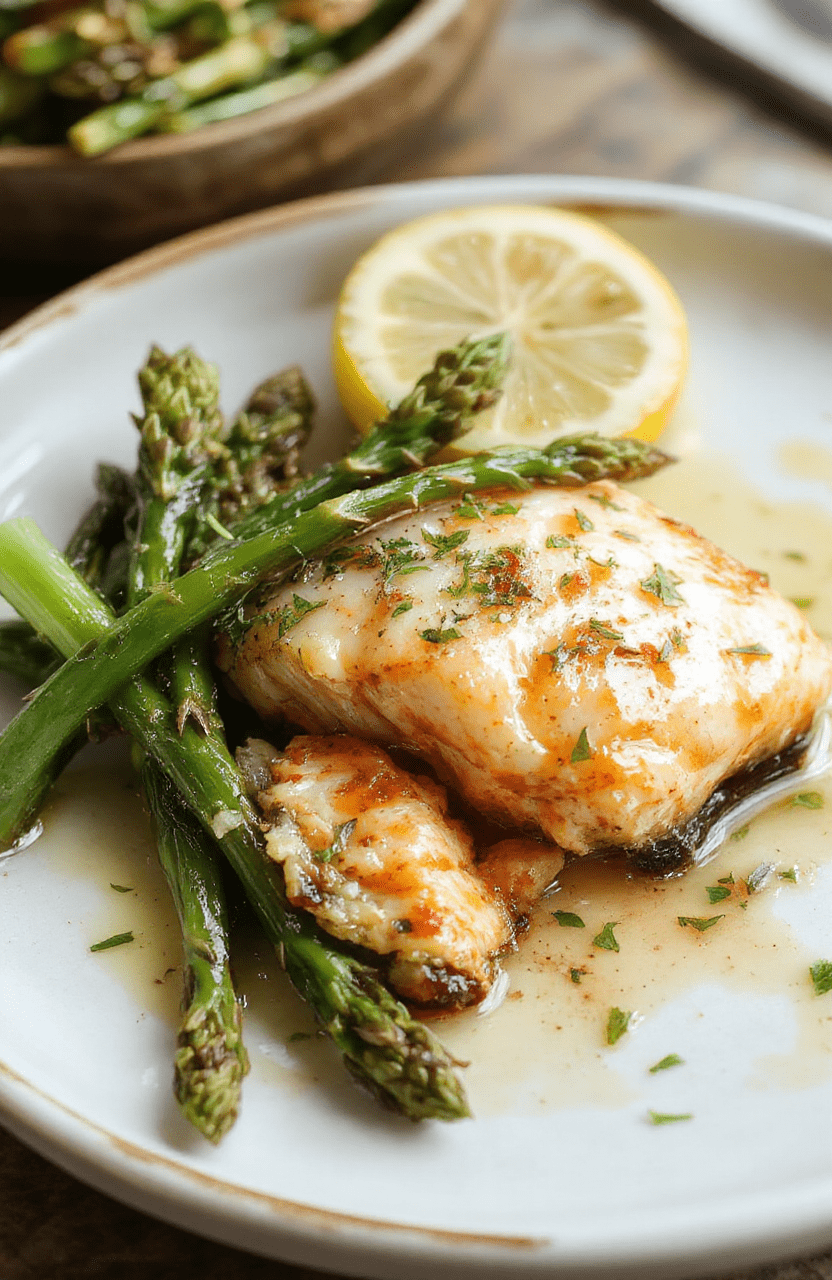 Seared salmon fillet with golden crust, resting on a bed of vivid green asparagus spears, drizzled with glossy lemon butter sauce and sprinkled with fresh dill and lemon zest, on a rustic white ceramic plate with soft shadows and natural light.