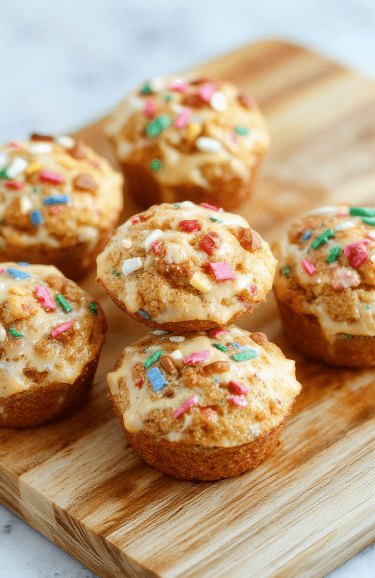 Bright, colorful mini funfetti muffins with a soft, fluffy texture and pastel sprinkles peeking through a light crumb, sittingside-by-side in a clean white silicone muffin tin, dusted faintly with powdered sugar, against a warm wooden countertop background under soft natural light.
