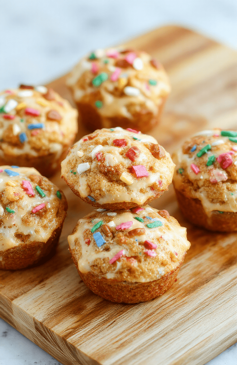 Bright, colorful mini funfetti muffins with a soft, fluffy texture and pastel sprinkles peeking through a light crumb, sittingside-by-side in a clean white silicone muffin tin, dusted faintly with powdered sugar, against a warm wooden countertop background under soft natural light.