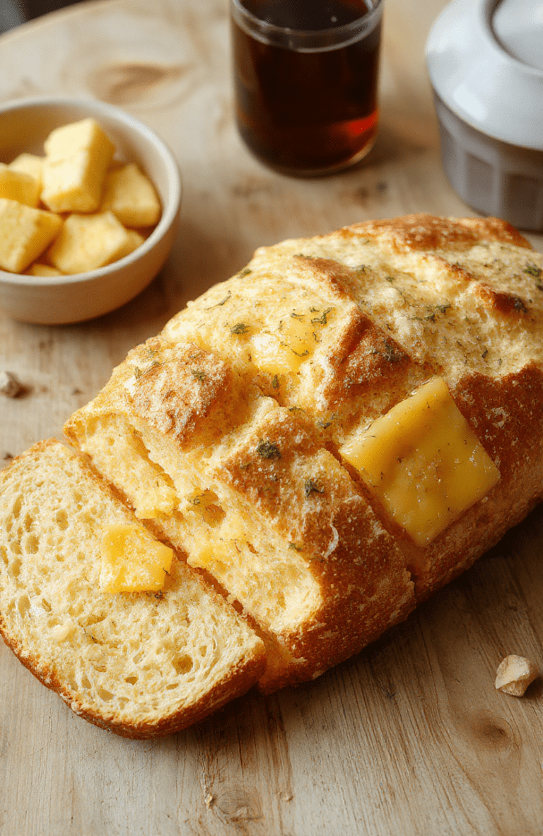 A rustic, golden-brown crusty loaf of cheddar bread resting on a wooden cutting board, cut in half to reveal a soft, chewy interior studded with melted cheddar cheese pockets, dusted lightly with flour, placed on a clean kitchen towel beside a slice on a white ceramic plate.