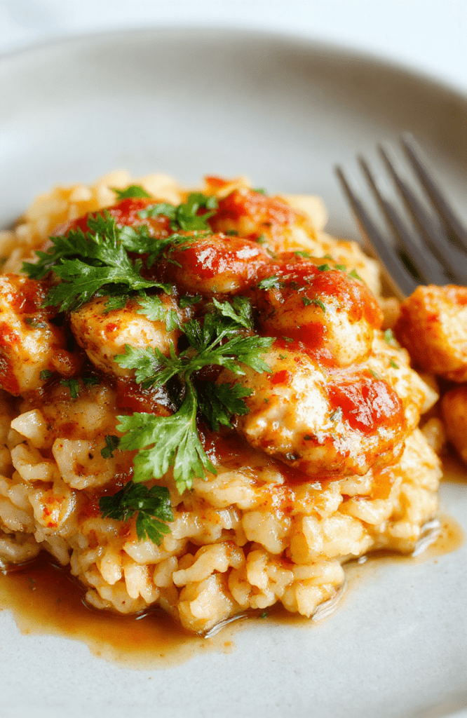 Golden-brown chicken pieces with caramelized edges resting beside fluffy white rice, generously dusted with vibrant red paprika and nestled on a rustic wooden cutting board, garnished with fresh parsley and a sprinkle of paprika, soft natural daylight with shallow depth of field and soft shadows
