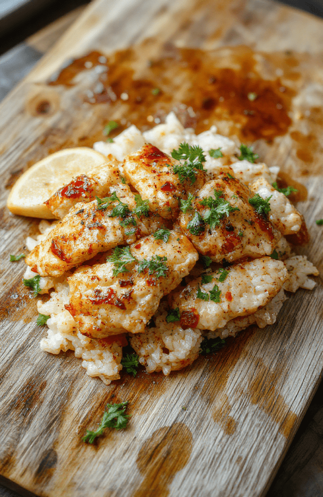 Golden-brown grilled chicken thighs and fluffy white rice served in a rustic ceramic bowl, garnished with fresh cilantro, sliced avocado, and a drizzle of golden aji amarillo sauce on a wooden cutting board with lemon wedges and chili peppers nearby.
