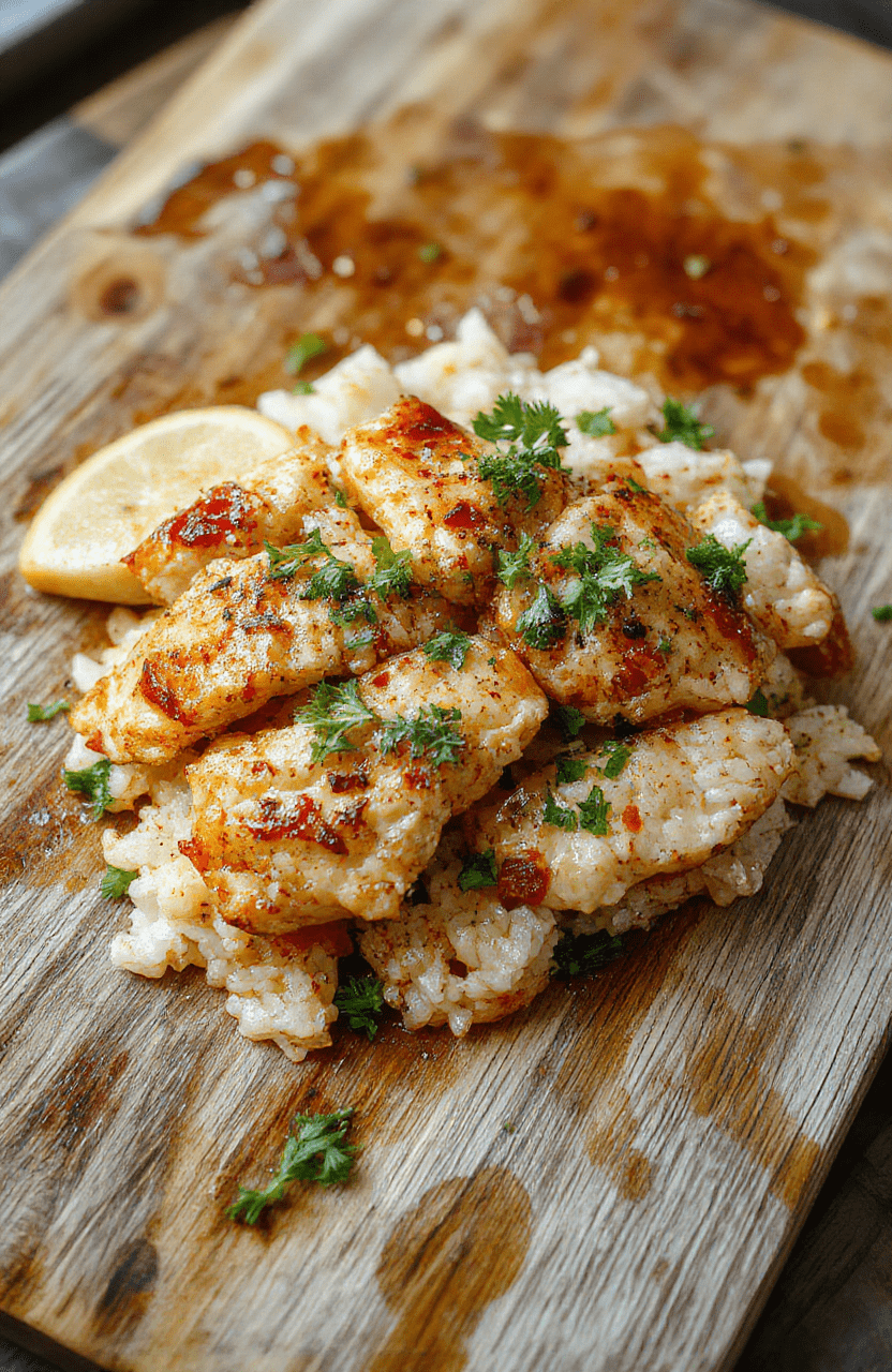Golden-brown grilled chicken thighs and fluffy white rice served in a rustic ceramic bowl, garnished with fresh cilantro, sliced avocado, and a drizzle of golden aji amarillo sauce on a wooden cutting board with lemon wedges and chili peppers nearby.