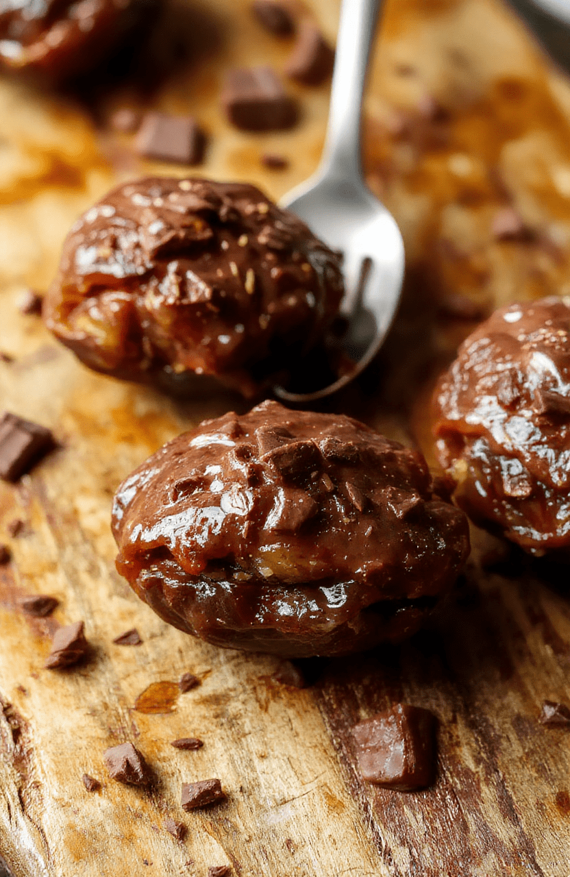 Three glossy dark chocolate-dipped smashed Medjool dates on a rustic wooden board, revealing soft, chewy interior filled with almond chunks and a hint of sea salt, dusted with cocoa powder and edible gold flakes, against a soft beige linen backdrop.