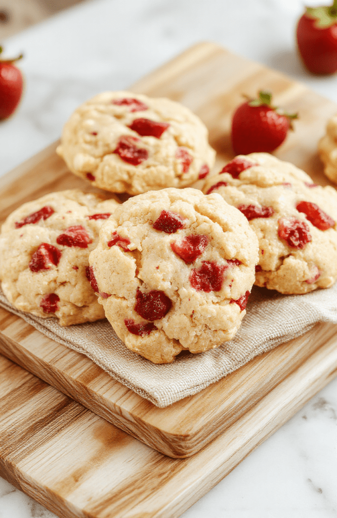 Golden buttery shortcake cookies with chunks of fresh red strawberries, crunch clusters of crushed shortcake crumbs, and a light dusting of powdered sugar. The cookies are chewy on the inside with crisp edges, arranged on a rustic wooden board with fresh strawberry halves and mint leaves beside them. Natural light highlights the vibrant pink-red berry tones and crumb texture.