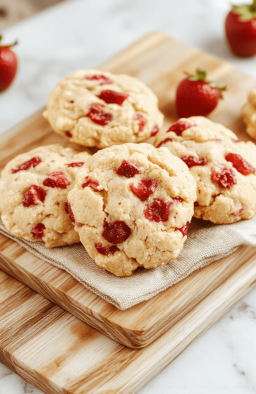 Golden buttery shortcake cookies with chunks of fresh red strawberries, crunch clusters of crushed shortcake crumbs, and a light dusting of powdered sugar. The cookies are chewy on the inside with crisp edges, arranged on a rustic wooden board with fresh strawberry halves and mint leaves beside them. Natural light highlights the vibrant pink-red berry tones and crumb texture.