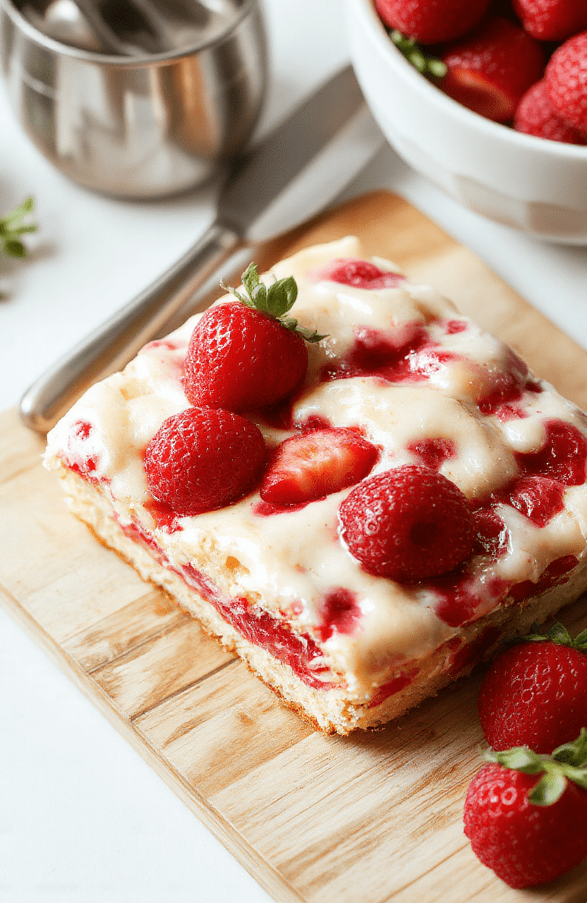 A golden-brown strawberry shortcake sheet cake with fresh red strawberry slices and whipped cream dollops on top, served in a vintage cake pan on a rustic wooden table, with a few stray berries and powdered sugar dusting the surface.