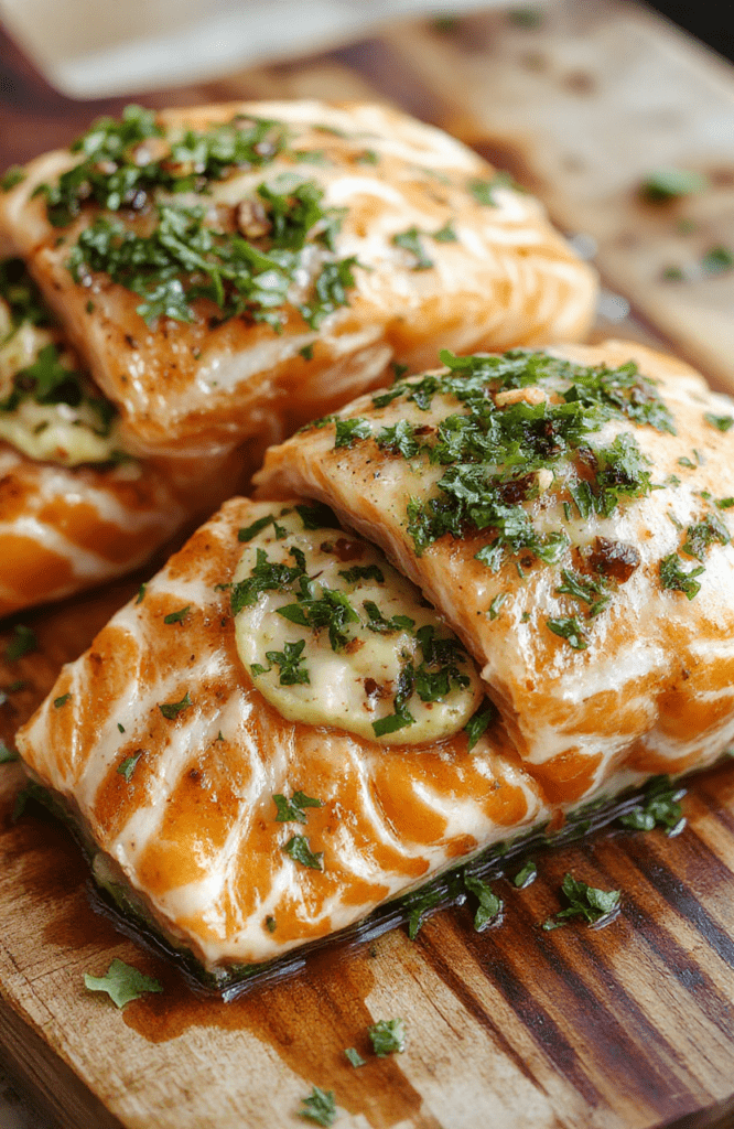 Golden-brown baked salmon fillet with a vibrant stuffi ng of spinach, garlic, lemon zest, and cracked black pepper, plated on a warm rustic wooden board with roasted asparagus and cherry tomatoes on the side, garnished with fresh dillsprigs and a lemon wedge, natural daylight, soft shadows, shallow depth of field